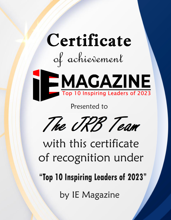 JRB Team IE Magazine Certificate 2023 - Top 10 Inspiring Leaders